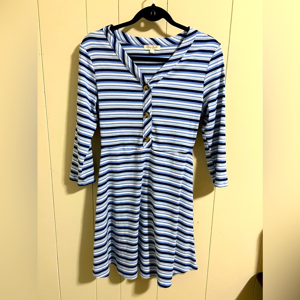 Ultra flirt blue white stripe dress size large brown buttons skater style retro